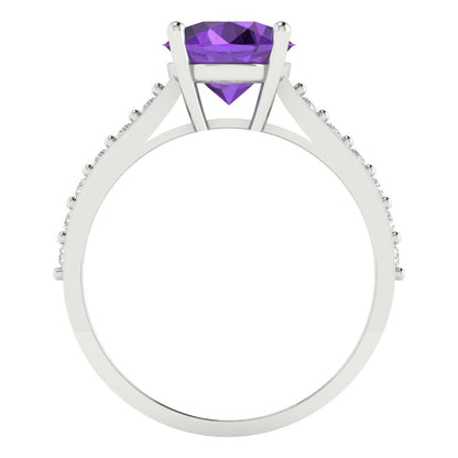 2.3 cttw Natural Amethyst Solitaire with Zirconia Simulated Diamond Accents Engagement Ring - Solid Gold (Round Cut,8.0mm)
