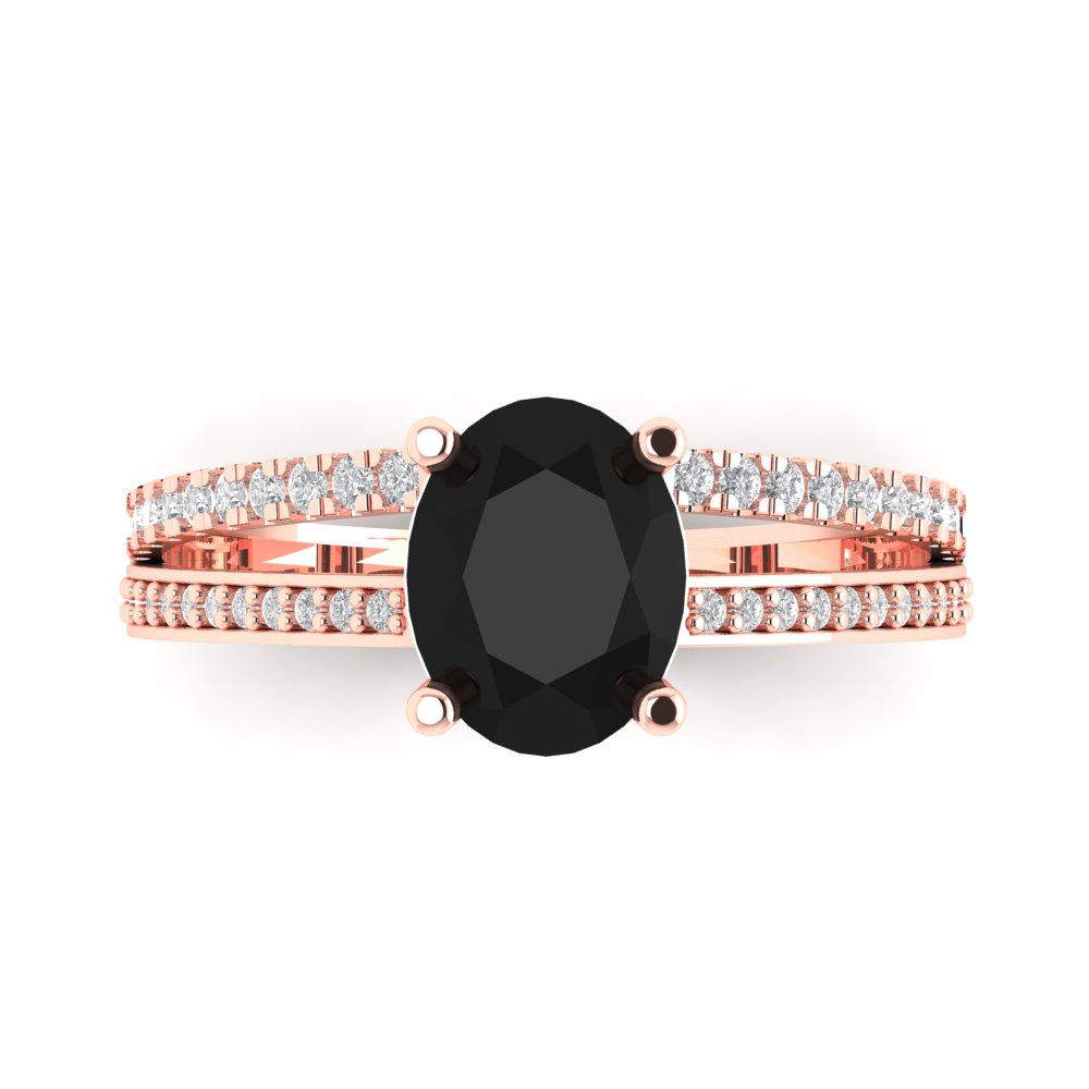 2.32 cttw Natural Onyx Solitaire with Zirconia Simulated Diamond Accents Engagement Ring - Solid Rose Gold (VVS1, Oval Cut,9X7mm)