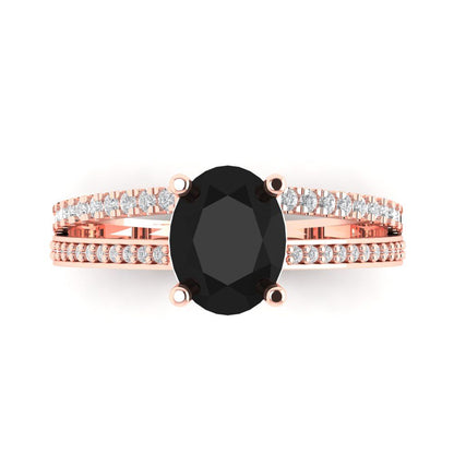 2.32 cttw Natural Onyx Solitaire with Zirconia Simulated Diamond Accents Engagement Ring - Solid Rose Gold (VVS1, Oval Cut,9X7mm)