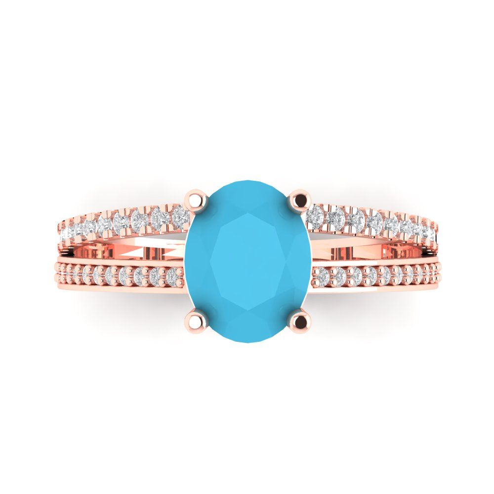 2.32 cttw Simulated Turquoise Solitaire with Zirconia Simulated Diamond Accents Engagement Ring - Solid Gold (Oval Cut,9X7mm)