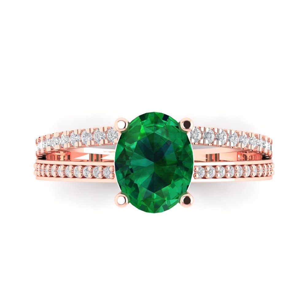 2.32 cttw Simulated Emerald Solitaire with Zirconia Simulated Diamond Accents Engagement Ring - Solid Rose Gold (VVS1, Oval Cut,9X7mm)