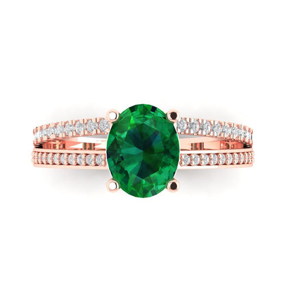 2.32 cttw Simulated Emerald Solitaire with Zirconia Simulated Diamond Accents Engagement Ring - Solid Rose Gold (VVS1, Oval Cut,9X7mm)