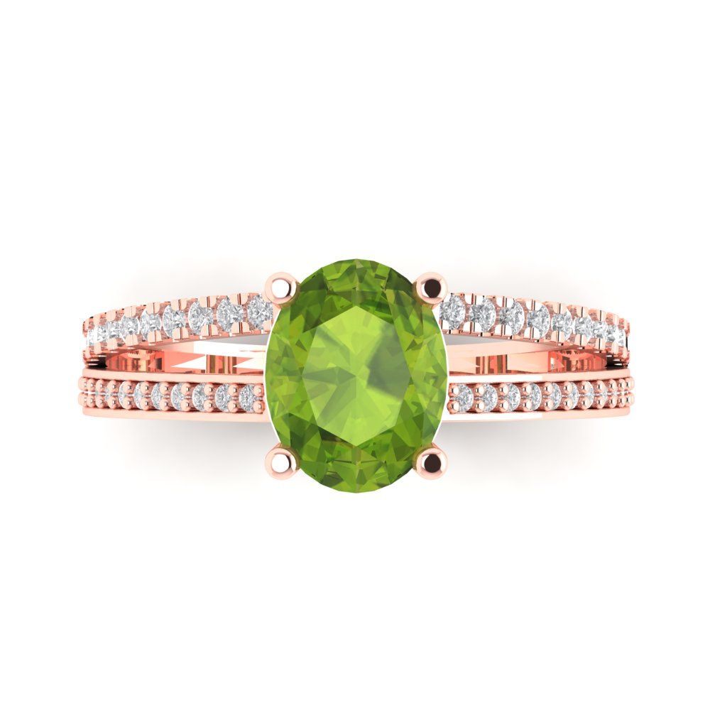 2.32 cttw Natural Peridot Solitaire with Zirconia Simulated Diamond Accents Engagement Ring - Solid Gold (Oval Cut,9X7mm)