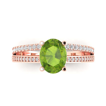 2.32 cttw Natural Peridot Solitaire with Zirconia Simulated Diamond Accents Engagement Ring - Solid Gold (Oval Cut,9X7mm)