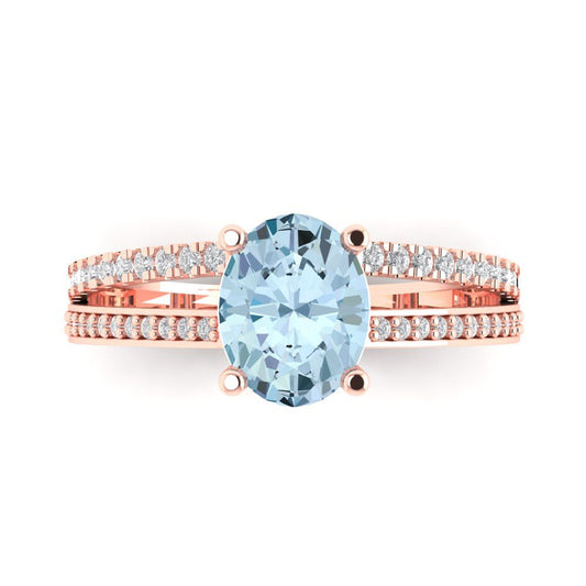 2.32 cttw Natural Aquamarine Solitaire with Zirconia Simulated Diamond Accents Engagement Ring - Solid Rose Gold (VVS1, Oval Cut,9X7mm)
