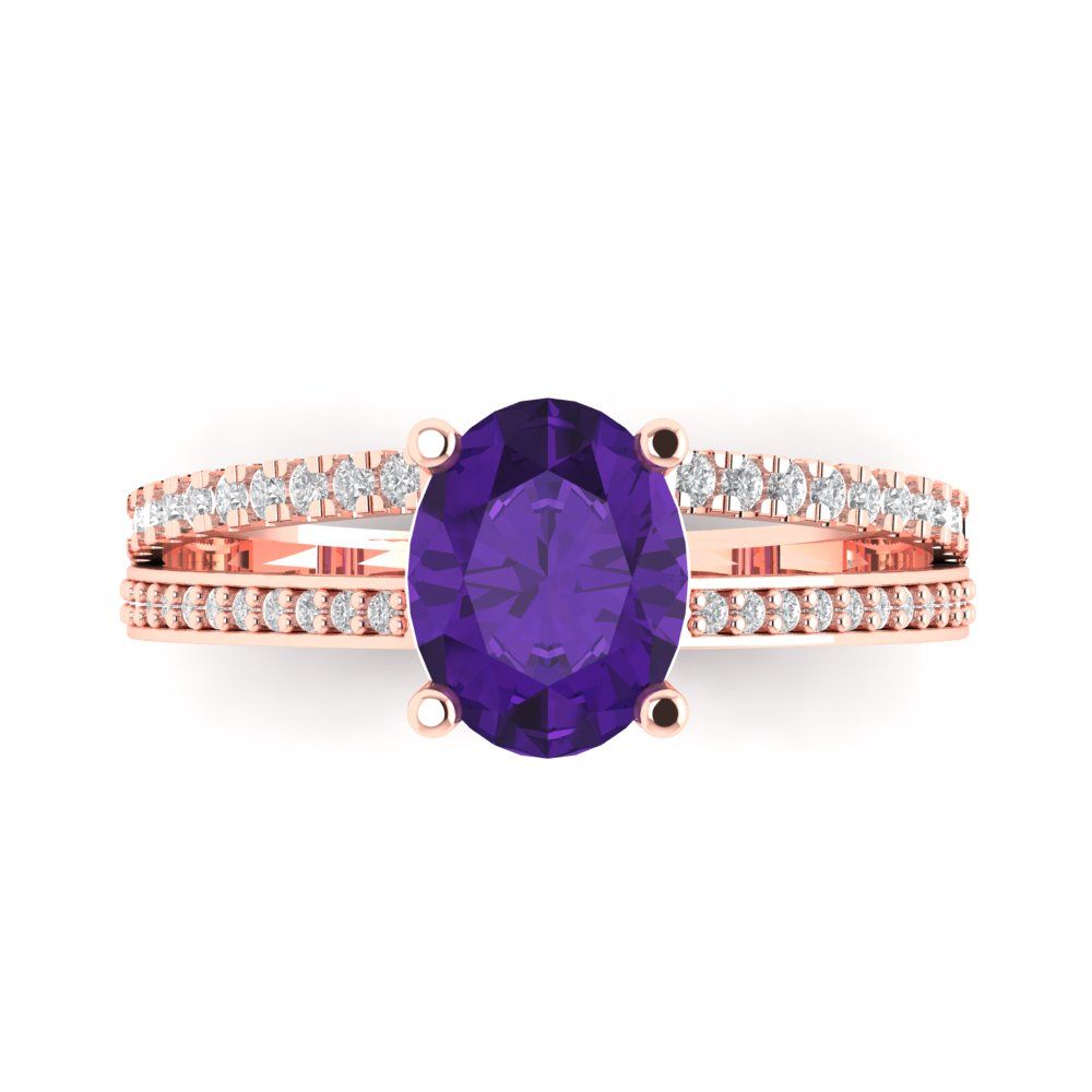 2.32 cttw Natural Amethyst Solitaire with Zirconia Simulated Diamond Accents Engagement Ring - Solid Rose Gold (VVS1, Oval Cut,9X7mm)
