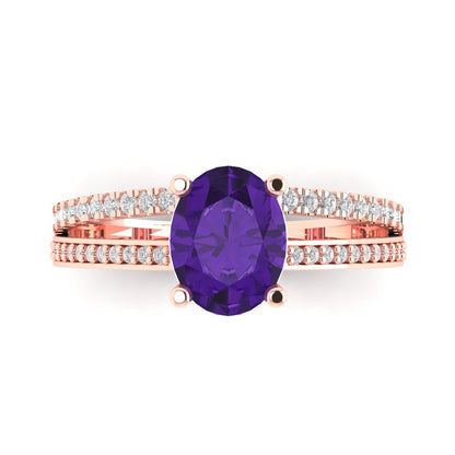 2.32 cttw Natural Amethyst Solitaire with Zirconia Simulated Diamond Accents Engagement Ring - Solid Rose Gold (VVS1, Oval Cut,9X7mm)