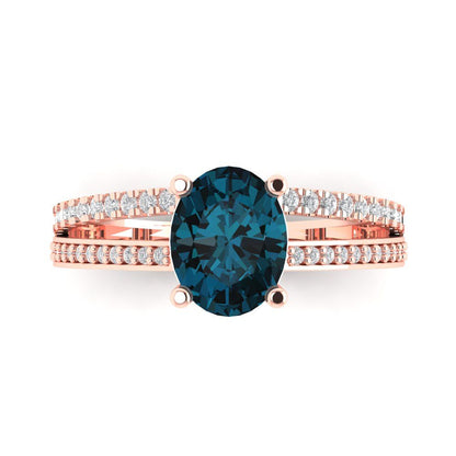 2.32 cttw Natural London Blue Topaz Solitaire with Zirconia Simulated Diamond Accents Engagement Ring - Solid Gold (Oval Cut,9X7mm)