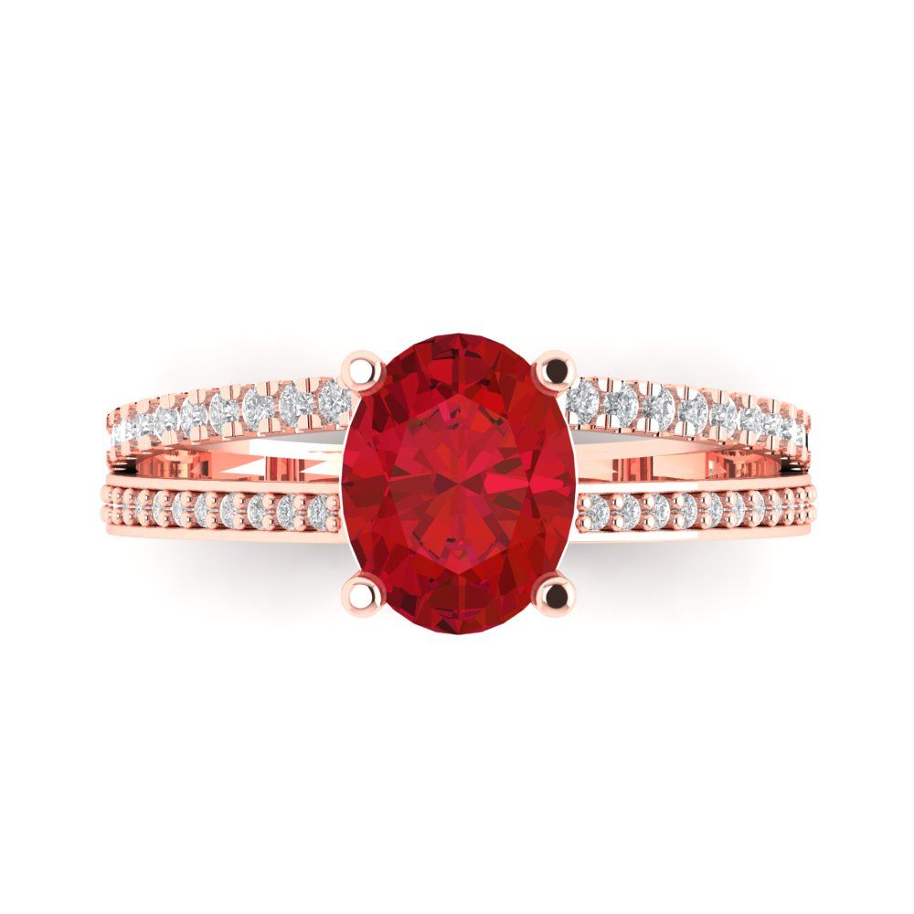 2.32 cttw Simulated Ruby Solitaire with Zirconia Simulated Diamond Accents Engagement Ring - Solid Rose Gold (VVS1, Oval Cut,9X7mm)