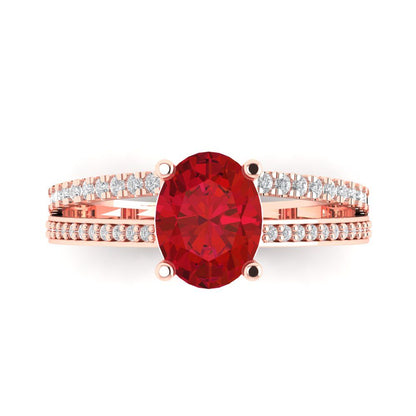 2.32 cttw Simulated Ruby Solitaire with Zirconia Simulated Diamond Accents Engagement Ring - Solid Rose Gold (VVS1, Oval Cut,9X7mm)