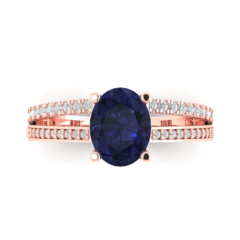 2.32 cttw Simulated Blue Sapphire Solitaire with Zirconia Simulated Diamond Accents Engagement Ring - Solid Gold (Oval Cut,9X7mm)