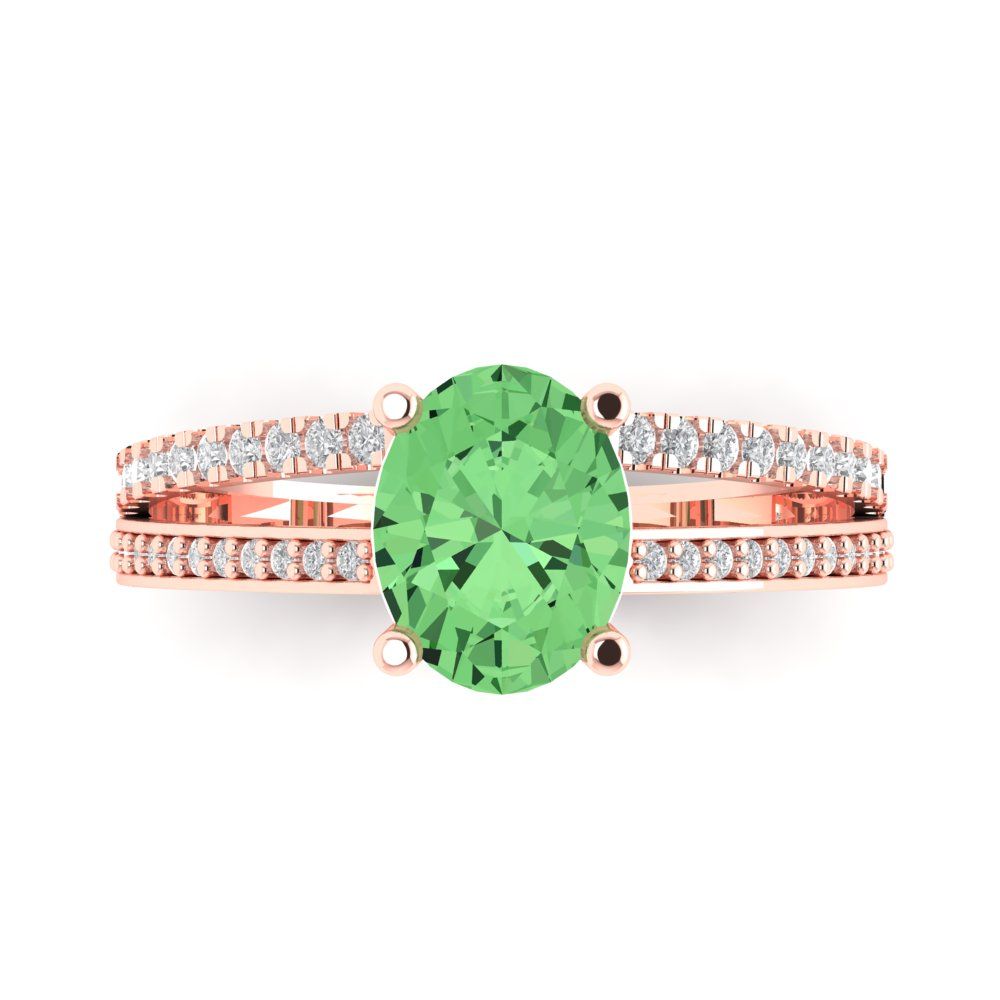 2.32 cttw Zirconia Simulated Green Diamond Solitaire with Zirconia Simulated Diamond Accents Engagement Ring - Solid Rose Gold (VVS1, Oval Cut,9X7mm)