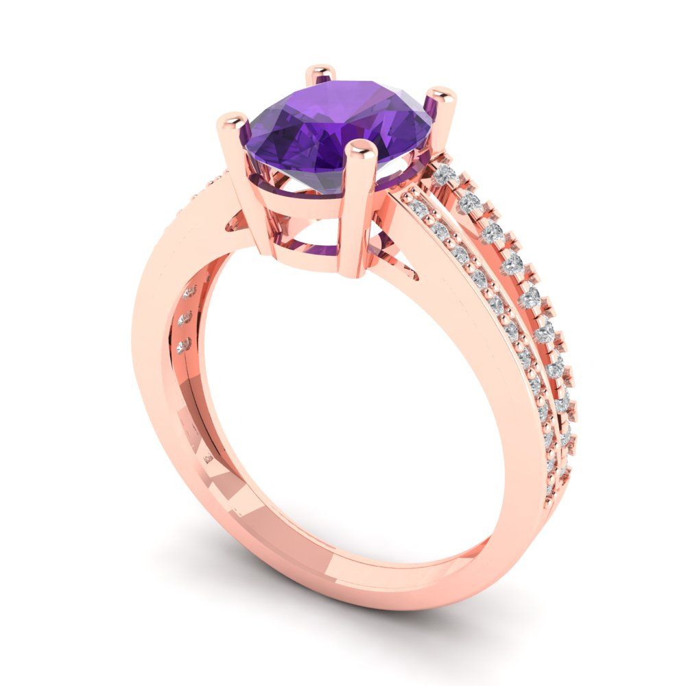 2.32 cttw Natural Amethyst Solitaire with Zirconia Simulated Diamond Accents Engagement Ring - Solid Rose Gold (VVS1, Oval Cut,9X7mm)