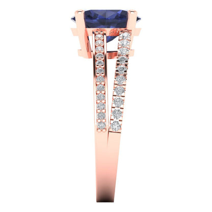 2.32 cttw Simulated Blue Sapphire Solitaire with Zirconia Simulated Diamond Accents Engagement Ring - Solid Gold (Oval Cut,9X7mm)