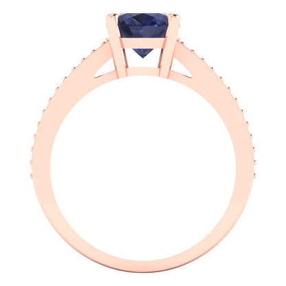 2.32 cttw Simulated Blue Sapphire Solitaire with Zirconia Simulated Diamond Accents Engagement Ring - Solid Gold (Oval Cut,9X7mm)