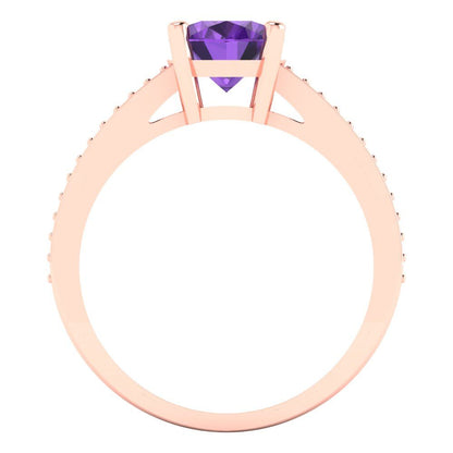 2.32 cttw Natural Amethyst Solitaire with Zirconia Simulated Diamond Accents Engagement Ring - Solid Rose Gold (VVS1, Oval Cut,9X7mm)