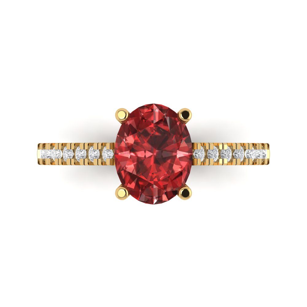 2.21 cttw Natural Garnet Solitaire with Zirconia Simulated Diamond Accents Engagement Ring - Solid Yellow Gold (VVS1, Oval Cut,9X7mm)