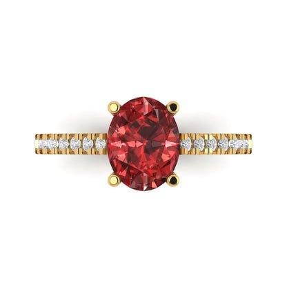 2.21 cttw Natural Garnet Solitaire with Zirconia Simulated Diamond Accents Engagement Ring - Solid Yellow Gold (VVS1, Oval Cut,9X7mm)