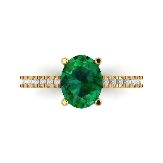 2.21 cttw Simulated Emerald Solitaire with Zirconia Simulated Diamond Accents Engagement Ring - Solid Yellow Gold (VVS1, Oval Cut,9X7mm)