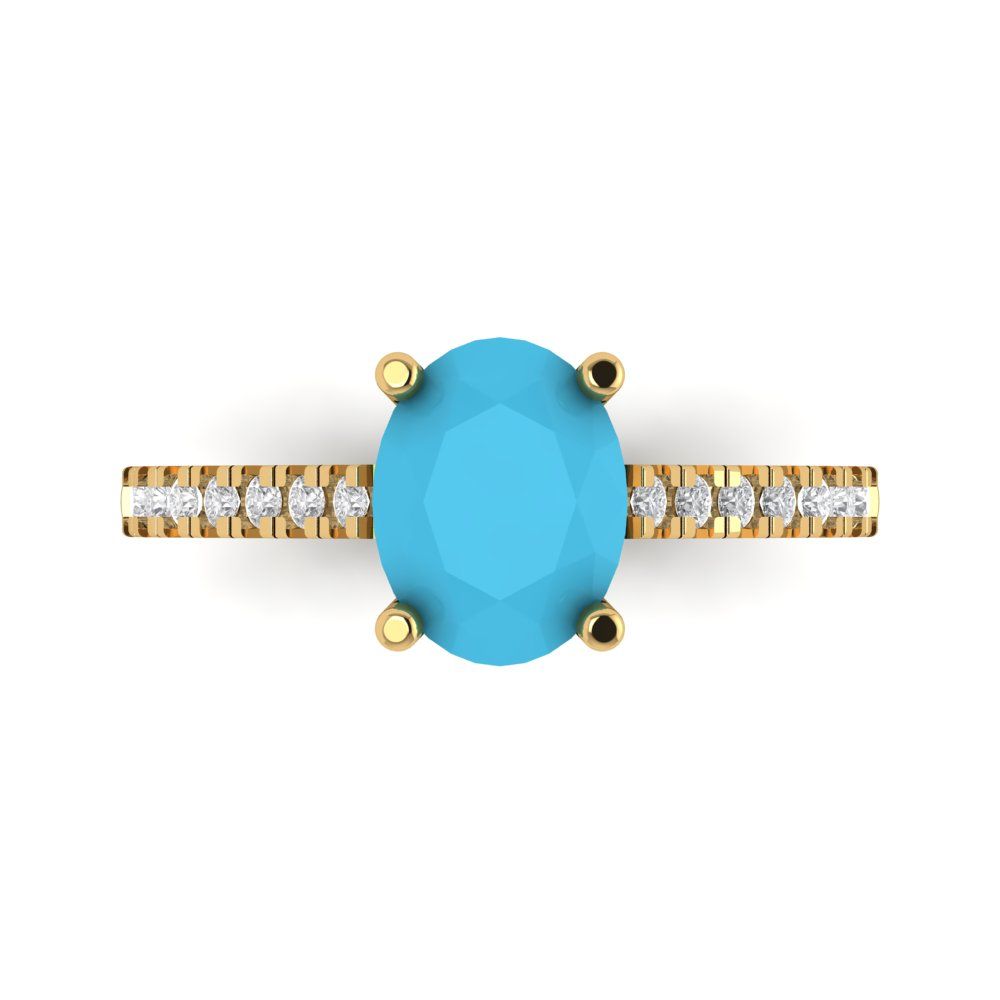 2.21 cttw Simulated Turquoise Solitaire with Zirconia Simulated Diamond Accents Engagement Ring - Solid Gold (Oval Cut,9X7mm)