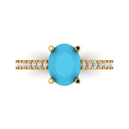 2.21 cttw Simulated Turquoise Solitaire with Zirconia Simulated Diamond Accents Engagement Ring - Solid Gold (Oval Cut,9X7mm)