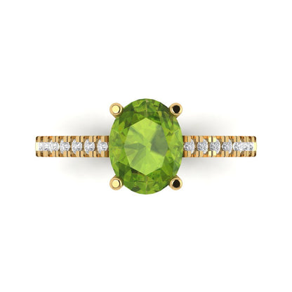 2.21 cttw Natural Peridot Solitaire with Zirconia Simulated Diamond Accents Engagement Ring - Solid Gold (Oval Cut,9X7mm)