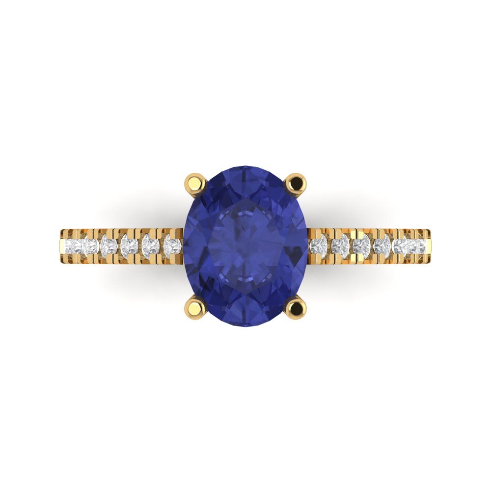 2.21 cttw Simulated Tanzanite Solitaire with Zirconia Simulated Diamond Accents Engagement Ring - Solid Gold (Oval Cut,9X7mm)