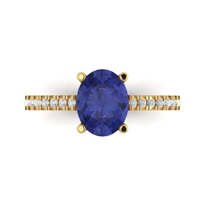 2.21 cttw Simulated Tanzanite Solitaire with Zirconia Simulated Diamond Accents Engagement Ring - Solid Gold (Oval Cut,9X7mm)