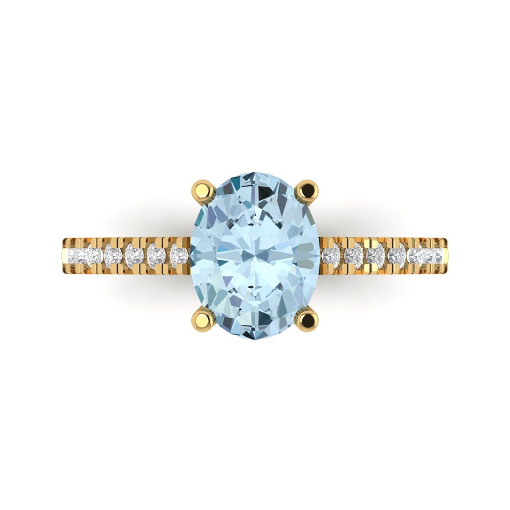 2.21 cttw Natural Aquamarine Solitaire with Zirconia Simulated Diamond Accents Engagement Ring - Solid Yellow Gold (VVS1, Oval Cut,9X7mm)