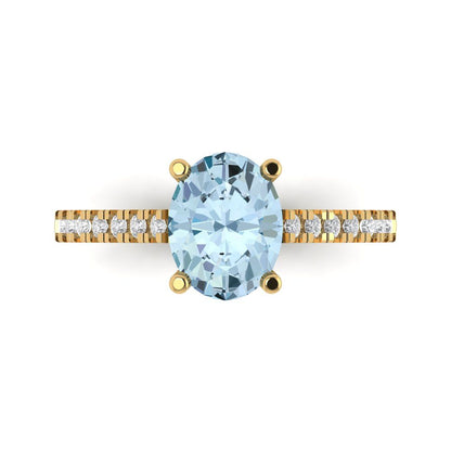 2.21 cttw Natural Aquamarine Solitaire with Zirconia Simulated Diamond Accents Engagement Ring - Solid Yellow Gold (VVS1, Oval Cut,9X7mm)