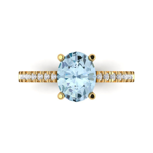 2.21 cttw Natural Aquamarine Solitaire with Zirconia Simulated Diamond Accents Engagement Ring - Solid Yellow Gold (VVS1, Oval Cut,9X7mm)