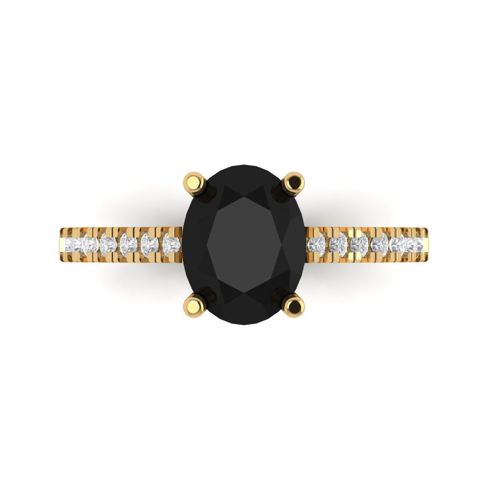 2.21 cttw Natural Onyx Solitaire with Zirconia Simulated Diamond Accents Engagement Ring - Solid Yellow Gold (VVS1, Oval Cut,9X7mm)