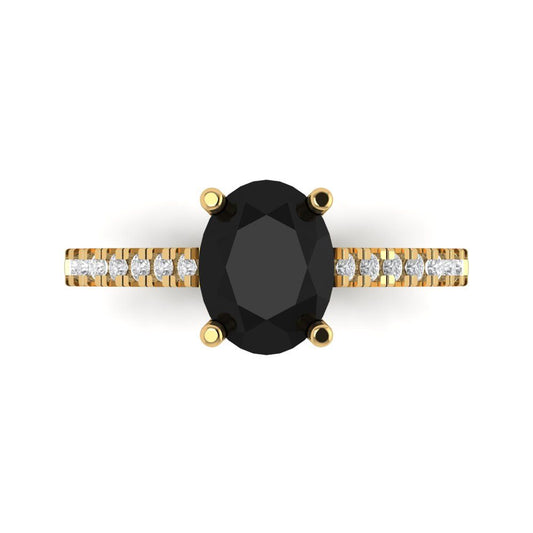 2.21 cttw Natural Onyx Solitaire with Zirconia Simulated Diamond Accents Engagement Ring - Solid Yellow Gold (VVS1, Oval Cut,9X7mm)