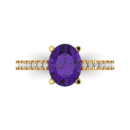 2.21 cttw Natural Amethyst Solitaire with Zirconia Simulated Diamond Accents Engagement Ring - Solid Yellow Gold (VVS1, Oval Cut,9X7mm)