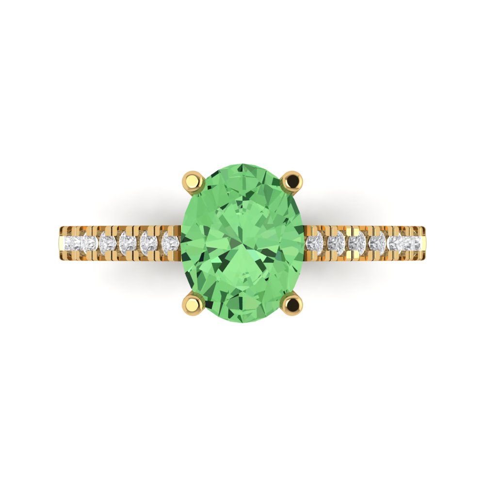 2.21 cttw Zirconia Simulated Green Diamond Solitaire with Zirconia Simulated Diamond Accents Engagement Ring - Solid Gold (VVS1, Oval Cut,9X7mm)