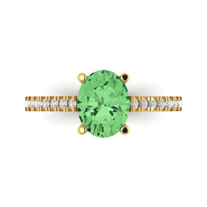2.21 cttw Zirconia Simulated Green Diamond Solitaire with Zirconia Simulated Diamond Accents Engagement Ring - Solid Gold (VVS1, Oval Cut,9X7mm)