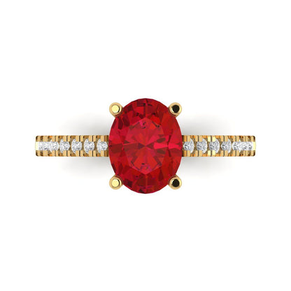 2.21 cttw Simulated Ruby Solitaire with Zirconia Simulated Diamond Accents Engagement Ring - Solid Gold (Oval Cut,9X7mm)