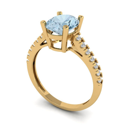 2.21 cttw Natural Aquamarine Solitaire with Zirconia Simulated Diamond Accents Engagement Ring - Solid Yellow Gold (VVS1, Oval Cut,9X7mm)