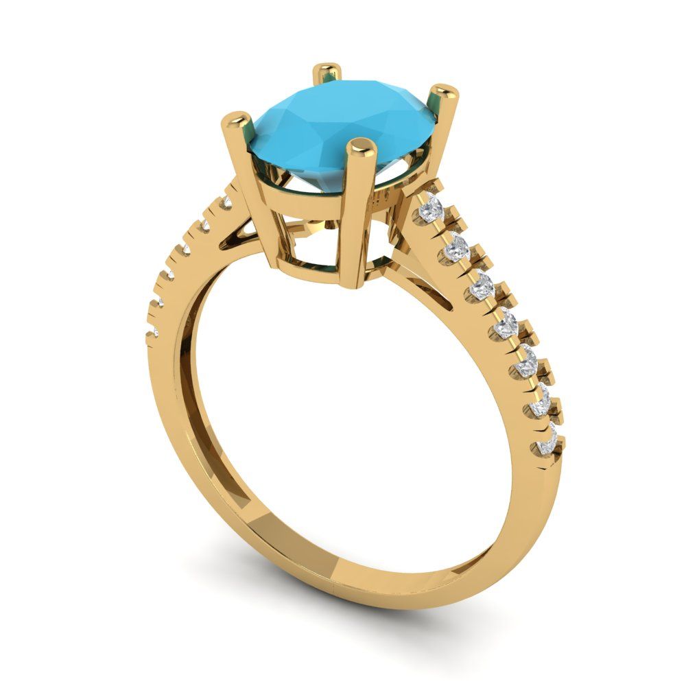 2.21 cttw Simulated Turquoise Solitaire with Zirconia Simulated Diamond Accents Engagement Ring - Solid Gold (Oval Cut,9X7mm)