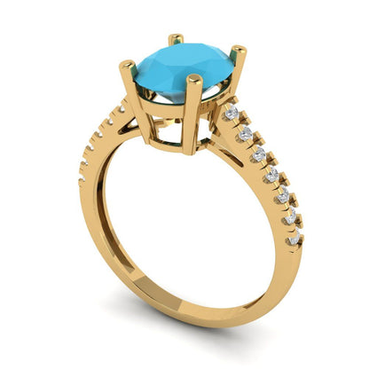 2.21 cttw Simulated Turquoise Solitaire with Zirconia Simulated Diamond Accents Engagement Ring - Solid Gold (Oval Cut,9X7mm)