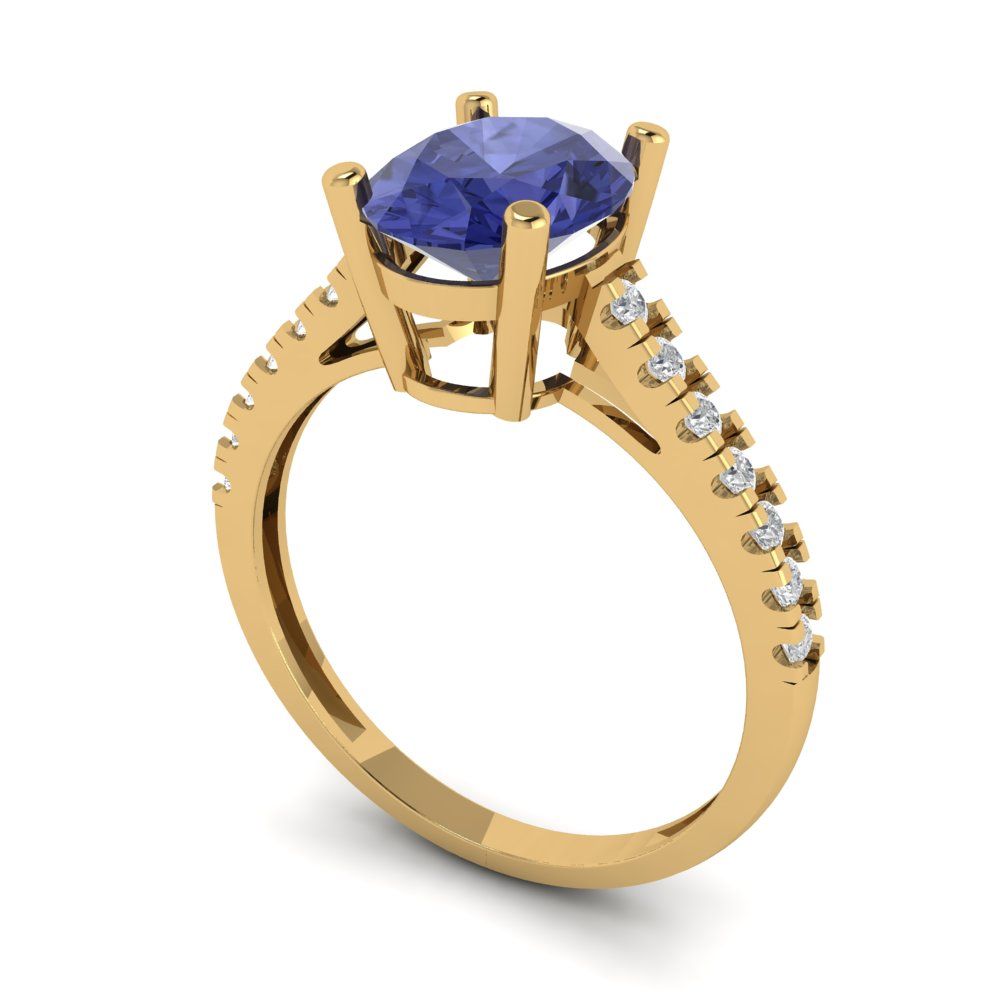 2.21 cttw Simulated Tanzanite Solitaire with Zirconia Simulated Diamond Accents Engagement Ring - Solid Gold (Oval Cut,9X7mm)