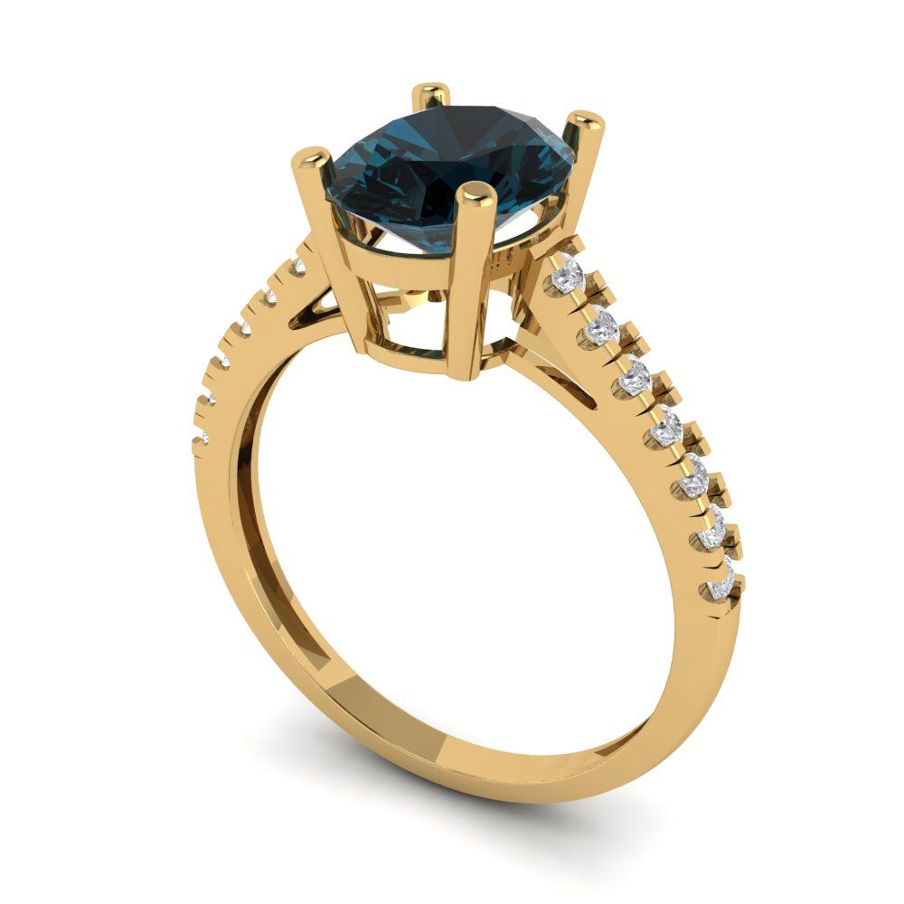 2.21 cttw Natural London Blue Topaz Solitaire with Zirconia Simulated Diamond Accents Engagement Ring - Solid Gold (Oval Cut,9X7mm)