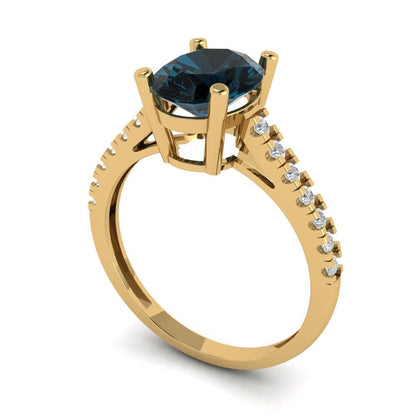2.21 cttw Natural London Blue Topaz Solitaire with Zirconia Simulated Diamond Accents Engagement Ring - Solid Gold (Oval Cut,9X7mm)