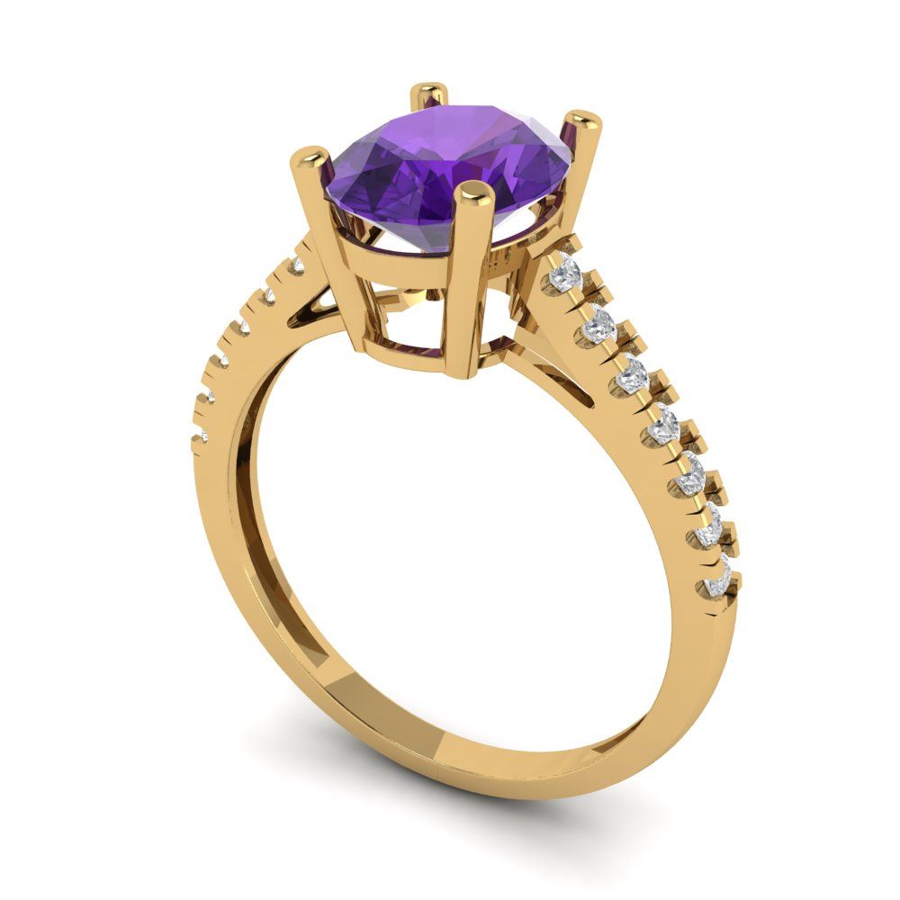 2.21 cttw Natural Amethyst Solitaire with Zirconia Simulated Diamond Accents Engagement Ring - Solid Yellow Gold (VVS1, Oval Cut,9X7mm)