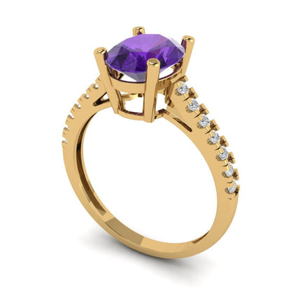 2.21 cttw Natural Amethyst Solitaire with Zirconia Simulated Diamond Accents Engagement Ring - Solid Yellow Gold (VVS1, Oval Cut,9X7mm)