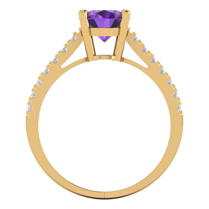2.21 cttw Natural Amethyst Solitaire with Zirconia Simulated Diamond Accents Engagement Ring - Solid Yellow Gold (VVS1, Oval Cut,9X7mm)