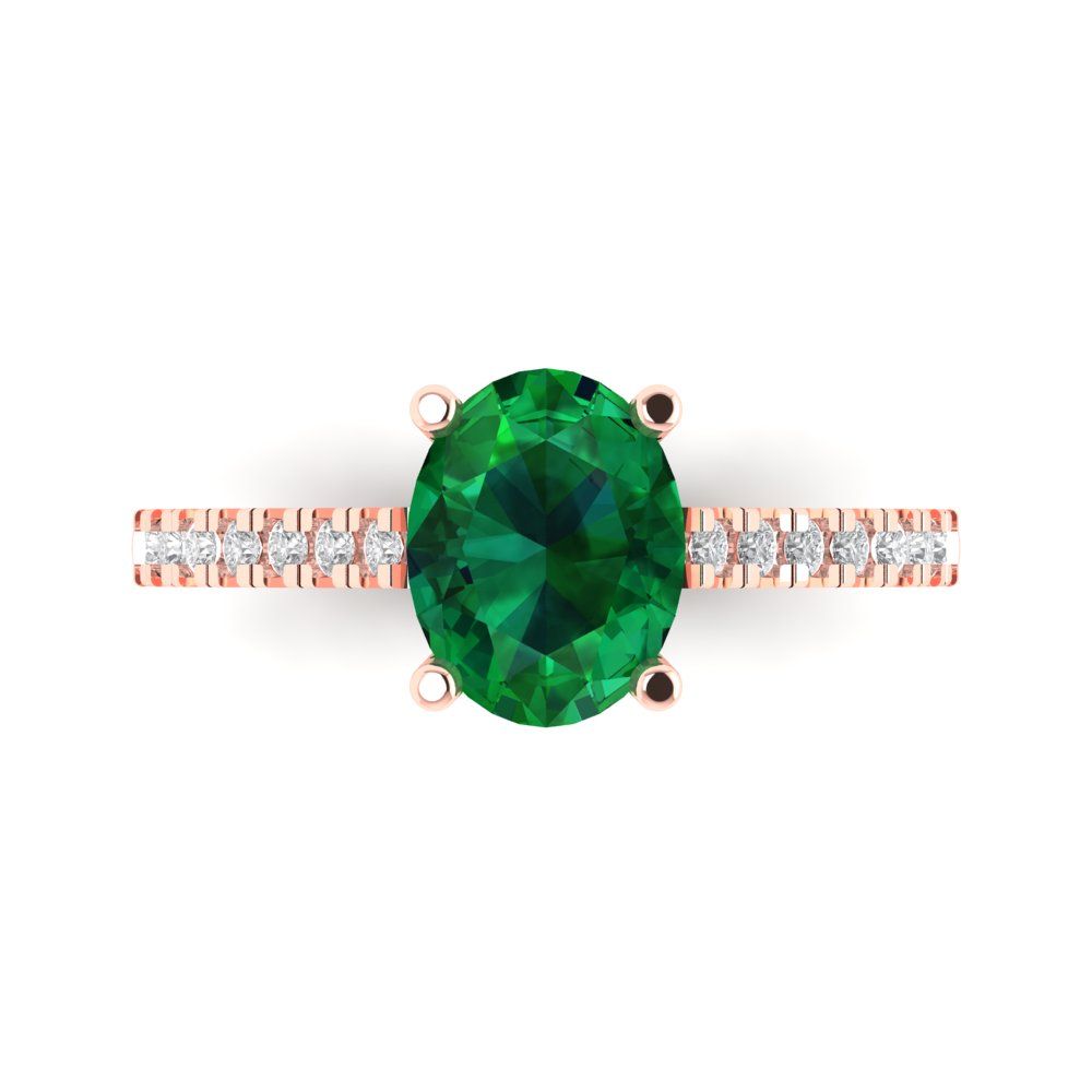 2.21 cttw Simulated Emerald Solitaire with Zirconia Simulated Diamond Accents Engagement Ring - Solid Gold (Oval Cut,9X7mm)