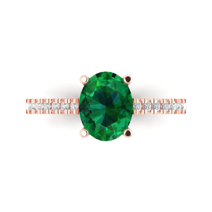 2.21 cttw Simulated Emerald Solitaire with Zirconia Simulated Diamond Accents Engagement Ring - Solid Gold (Oval Cut,9X7mm)