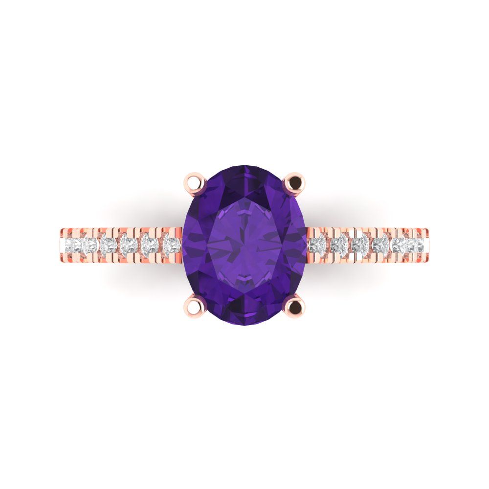 2.21 cttw Natural Amethyst Solitaire with Zirconia Simulated Diamond Accents Engagement Ring - Solid Rose Gold (VVS1, Oval Cut,9X7mm)