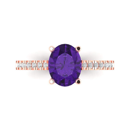 2.21 cttw Natural Amethyst Solitaire with Zirconia Simulated Diamond Accents Engagement Ring - Solid Rose Gold (VVS1, Oval Cut,9X7mm)